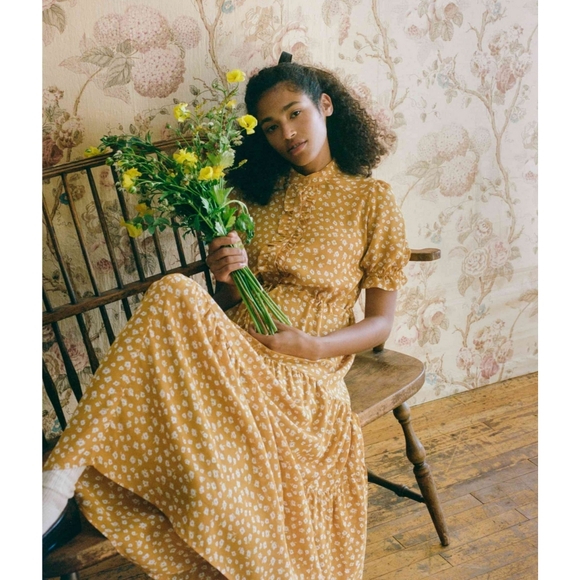 Christy Dawn Elle Dress Mustard Seed Floral Yellow Orange Ruffle Midi NWT Small - Picture 4 of 8